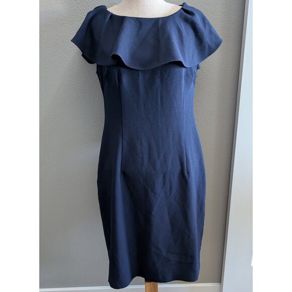 Womens Eliza J Ruffle Top Sleeveless Lace Insert Knee Length Sheath Navy Blue 12 - Picture 2 of 5
